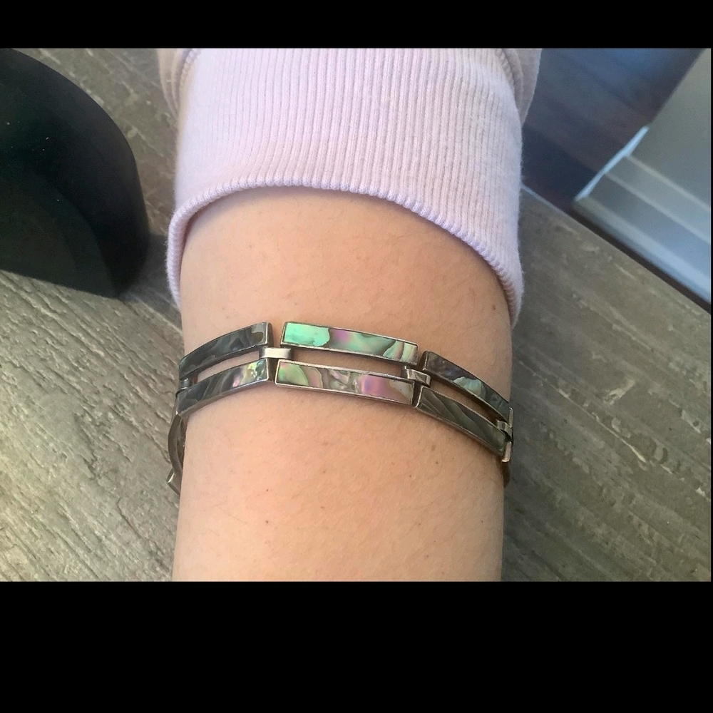 Vintage Mexico Sterling Silver Abalone Bracelet Chain Link Design